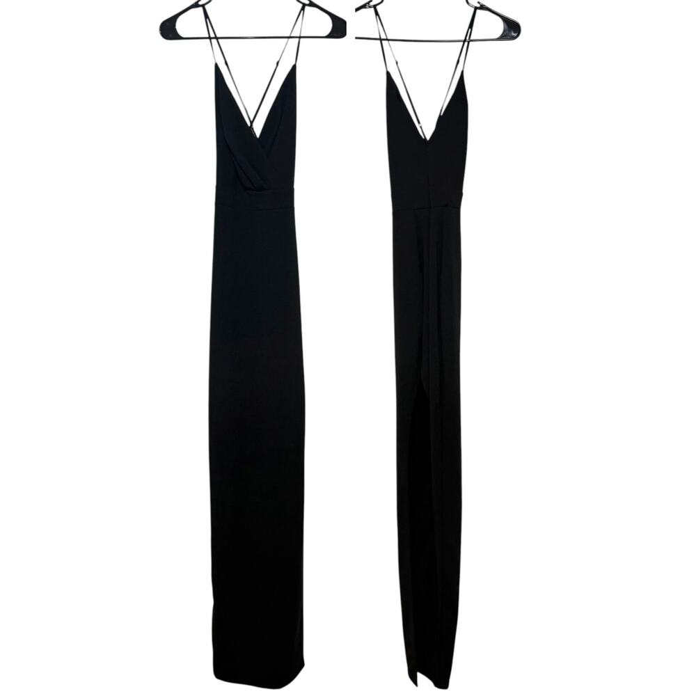 WINDSOR Black Maxi Dress Size Small Surplice Neck High Leg Slit Criss Cross Back
